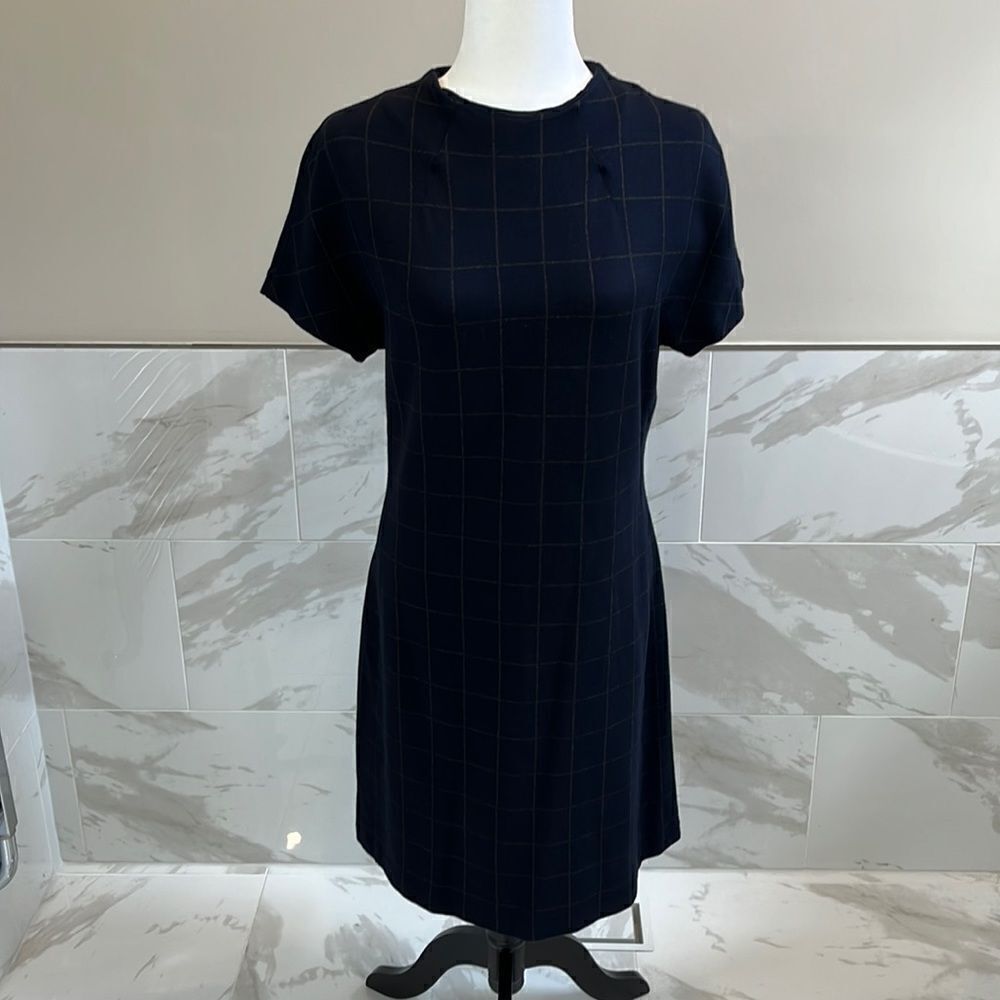Theory Dolman Shift in Deep Navy Charcoal Windowpane Knit Plaid Dress Medium